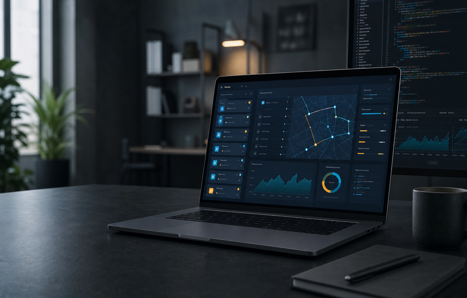 Software product dashboard and code on a workstation