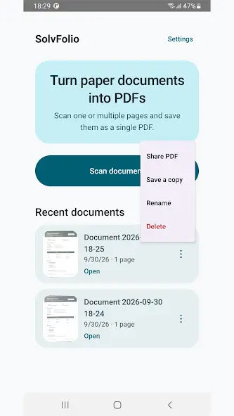 Options to share, save a copy, rename or delete a PDF