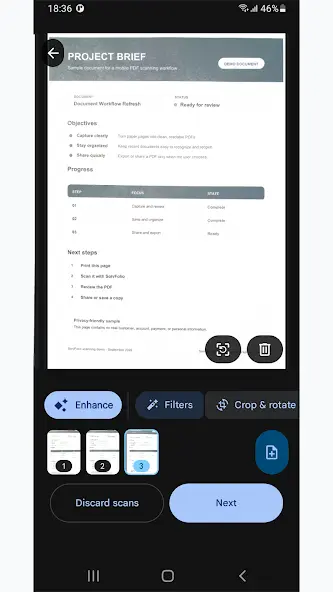 Multi-page review with enhance, filters, crop and rotate tools